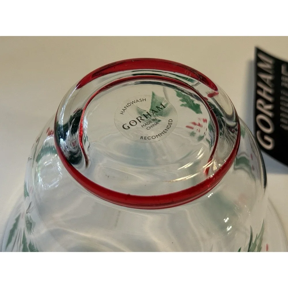 Gorham Festive Holly Candy Dish Hand Cut Painted 5" Diameter Christmas Glass - Picture 7 of 10